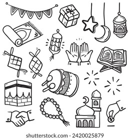 Set of vector doodle element related to Eid Mubarak. Set of hand drawn symbols and icons for holy Muslim festival Eid ul-Fitr.