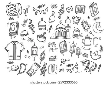 Set of vector doodle element related to Eid Mubarak and Ramadan. Set of hand drawn symbols and icons for holy Muslim festival Eid ul-Fitr