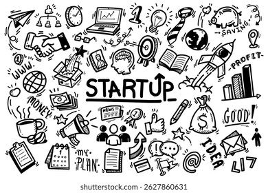 conjunto de vetor doodle elemento relacionado com estratégia de negócios startup. desenho à mão esboço cartoon, linha preta negrito isolado no fundo branco 