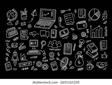 Set of vector doodle element related to business plan, start up, growth, idea. Vector illustration with black background