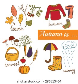 Set of vector doodle elements Autumn is. Leaves, knitwear, umbrella, rubber boots, socks, scarf, mushrooms and vegetables. Collection of colorful freehand drawn isolated objects for your design.