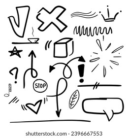 Set of vector doodle elements. Symbol in simple design. Cartoon object hand drawn isolated on white background.