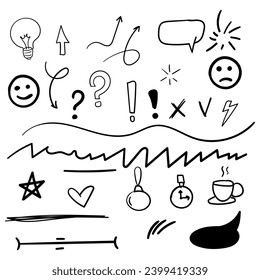 Set of vector doodle elements. Symbol in simple design. Cartoon object hand drawn isolated on white background.