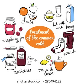 Set of vector doodle elements Treatment of the common cold. Raspberry jam jar, socks, scarf, hot tea, lemon, medicines, milk, honey pot, fruits. Collection of colorful freehand drawn isolated objects.