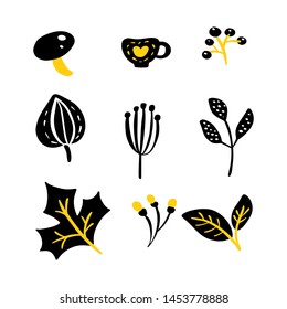 Set of vector doodle floral elements. Autumn collection. Herbs, leaves, mushroom, cup and wild flowers. Flower graphic design. Hand drawn vector botany texture. Modern fall seasonal decor