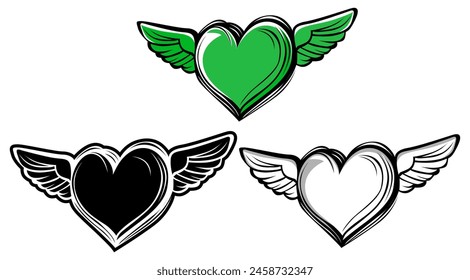 set Vector doodle verde corazones ala mosca icono ilustración de diseño