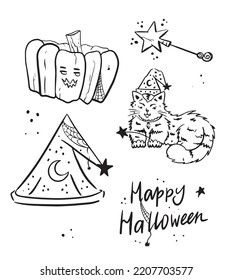 conjunto de ilustraciones vectoriales de Halloween. Adecuado para postales, invitaciones, un conjunto de stickers, diseño de blogs, banners.