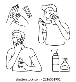 Set of vector doodle hand drawn illustrations of men applying skin care treatment