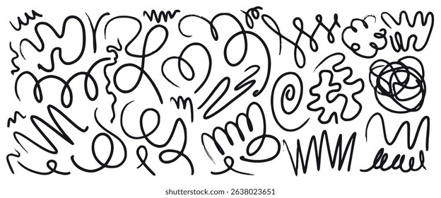 Set of vector doodle hand drawn bold black messy line swirls, knots, sprawling signatures, squiggles, messy grunge strokes scribbles for advertisement, mental struggling concept, way direction