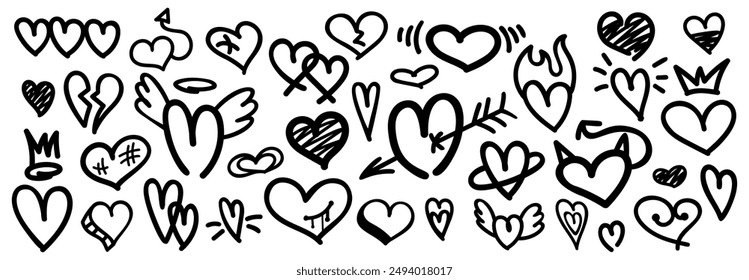 Set of vector doodle heart shapes. Collection of hand drawn elements, heart icons. Valentine's day love symbols isolated on white background