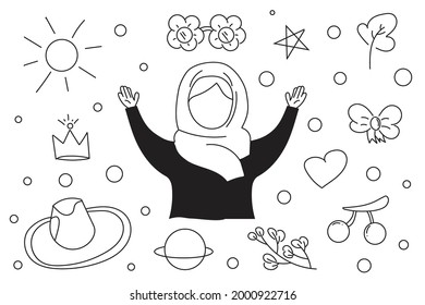 Set Of vector doodle hijab kids isolated on white background. 