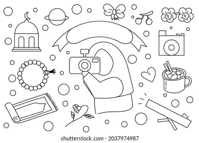 Set Of vector doodle hijab kids isolated on white background. illustration of woman wearing hijab . line art pictures to color