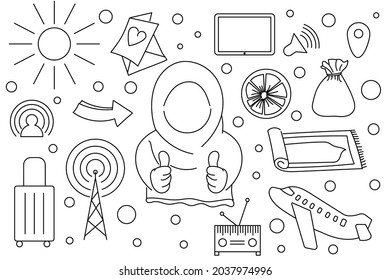 Set Of vector doodle hijab kids isolated on white background.
