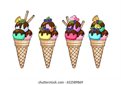 Set of vector doodle ice cream in a waffle horn with orange, chocolate and mint. Hand drawn illustration.