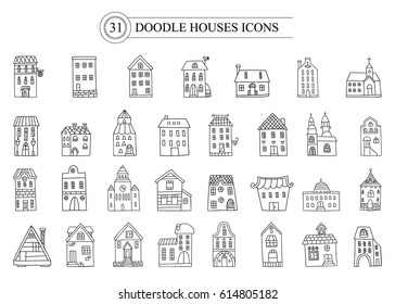 Set of vector doodle icon european houses. For web design and application interface, also useful for infographics and real estates. Vector black. Vector illustration.