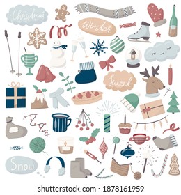 Set of vector doodle icons. Cartoon winter and Christmas pictures. All objects are isolated. Cute multicolored objects and lettering. Background and greeting card decoration.