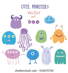 Set of vector doodle icons. Hand drawn cute monsters collection. Bright clip art for design