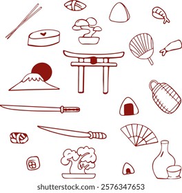 A set of vector doodle icons in Japanese style. Simple icons of sushi, onigiri, Mount Fuji, bonsai, katana, sake.