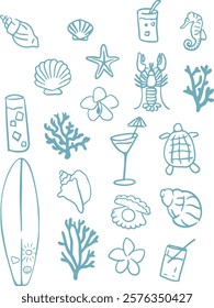 A set of vector doodle icons. Simple icons with a marine theme of surfing, cocktails, shells, corals.