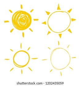 Set vector doodle icons of the sun with sunbeam. Hand drawn element.