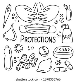 Set Of Vector Doodle Illustration Medical Line Icons. Hand-drawn Contour Pictograms Of Thermometer, Pills, Antiseptic, Protective Mask, Soap, Bottle Of Water, Lemon, Ginger, Garlic, Protections Text