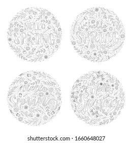 Set of vector doodle illustration with round frame from hand drawn flowers, leaves, floral elements and season quote Hello spring for greeting card, invitation template, banner and poster