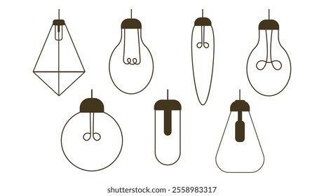 Set of Vector doodle illustration with vintage hanging light bulbs. Modern hipster sketch style. Element of design for interior sketch, web, poster, Cards, Banners	