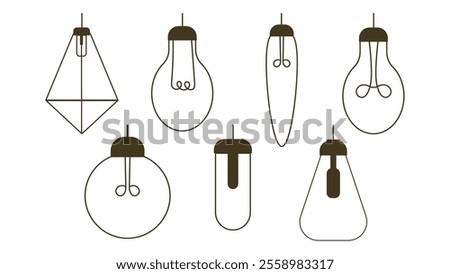 Set of Vector doodle illustration with vintage hanging light bulbs. Modern hipster sketch style. Element of design for interior sketch, web, poster, Cards, Banners	