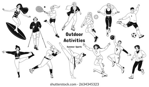 A set of vector doodle illustrations with images of athletes. Men and women play sports. Outdoor sports activities. Vector illustration