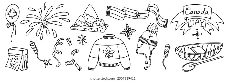 A set of vector doodle illustrations on a Canadian theme in a flat contour style. Canada Day. Individual objects, recreation on a white background. Ideal for creating handmade souvenirs.