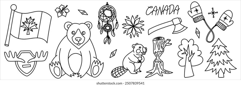 set of vector doodle illustrations on a Canadian theme in a flat contour style. Canada Day. Individual objects, animals on a white background. It is ideal for creating souvenirs and printed products.