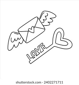 set of vector doodle illustrations for Valentine's Day key to the heart and love letter. Valentine's day, wedding