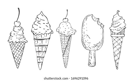 Set of vector Doodle images of ice cream. Eskimo in a waffle cone. Design elements.