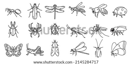 Set of vector doodle insects. Collection of modern line hand drawn bugs. Ant, butterfly, bug, spider, fly, moth.
