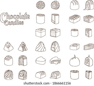 Set of vector Doodle linart illustrations of chocolate candies isolated on white background