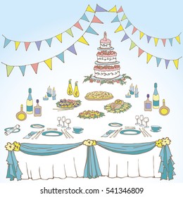 Set vector doodle lines for invitation for an anniversary, wedding, birthday, the menu on the holiday table serving, cake, cloth, food, drinks, candles, flags bright blue
