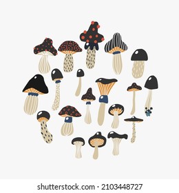 Set of vector doodle mushrooms. Hand drawn magic black fly agarics illustration. Flat design.