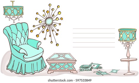 Set vector doodle outline furniture classic style, armchair, lamp,mirror color mint green 