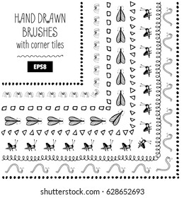 Set of Vector Doodle Pattern Brushes with Insects or Small Animals. Hand Drawn Ink Frames or Borders. Brushes are Included in EPS