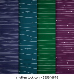 Set of vector doodle patterns with hand drawn lines. Purple, blue, green seamless backgrounds.