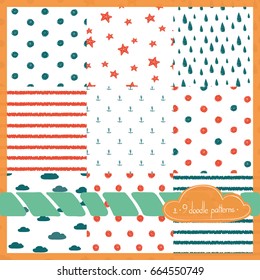 Set of vector doodle patterns. Marine theme, simple pictures.