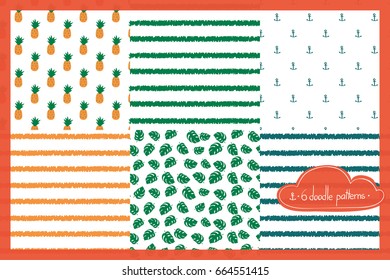 Set of vector doodle patterns. Summer theme, simple pictures.