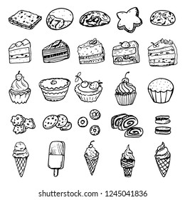 Set of vector doodle pictures illustrations - different kinds of cookies and cakes, isolated. Cracker, biscuit, cakes, sweet roll, shall shaped cookie, ice cream.