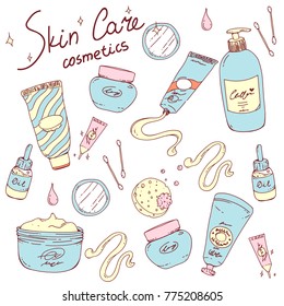 Un conjunto de íconos para el cuidado de la piel de los doodles vectoriales