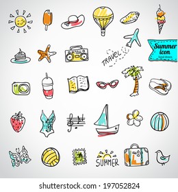 Set of  vector doodle summer icons, vector illustration hand drawn