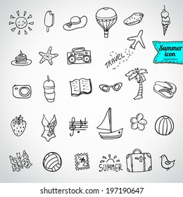 Set Of  Vector Doodle Summer Icons,  Vector Illustration Hand Drawn