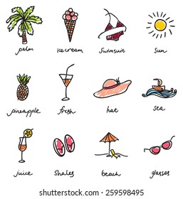 Set of vector doodle summer icons 