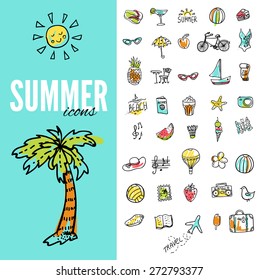 Set of  vector doodle summer icons.