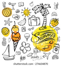 Set of  vector doodle summer icons.