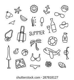 Set of vector doodle summer icons, vector illustration hand drawn, including suitcase, clothes, drinks and ice cream, airplane, and also the inscription
